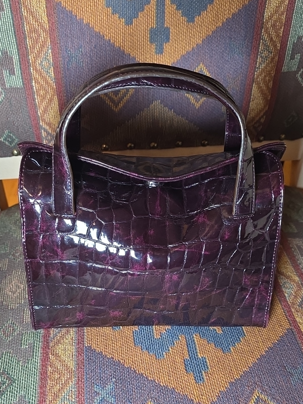 Vintage City DKNY Deep Purple Crocodile Embossed Top Handle Bag Tote EUC